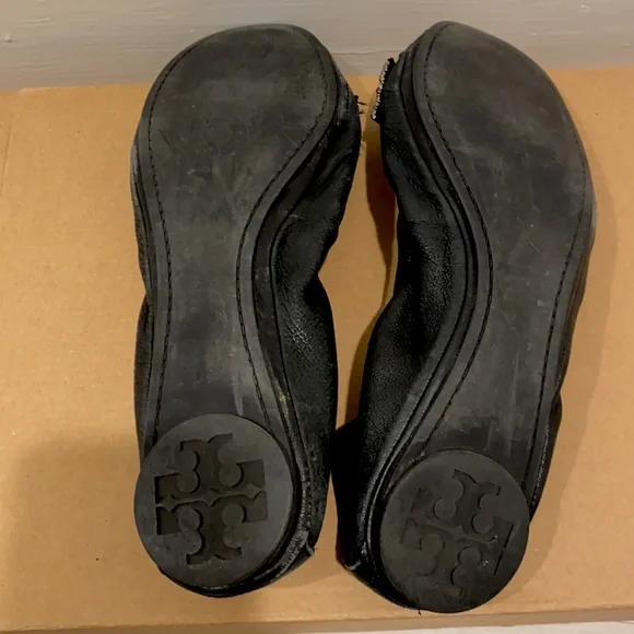 Black Tory Burch Flats with Crystal Beaded Bow - Picture 4 of 6